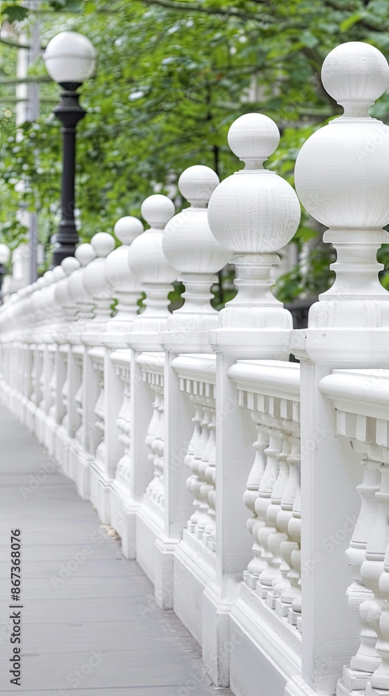 Fototapeta premium A white balustrade fence with decorative sphere finials extends across a lush garden with white flowers and green shrubs