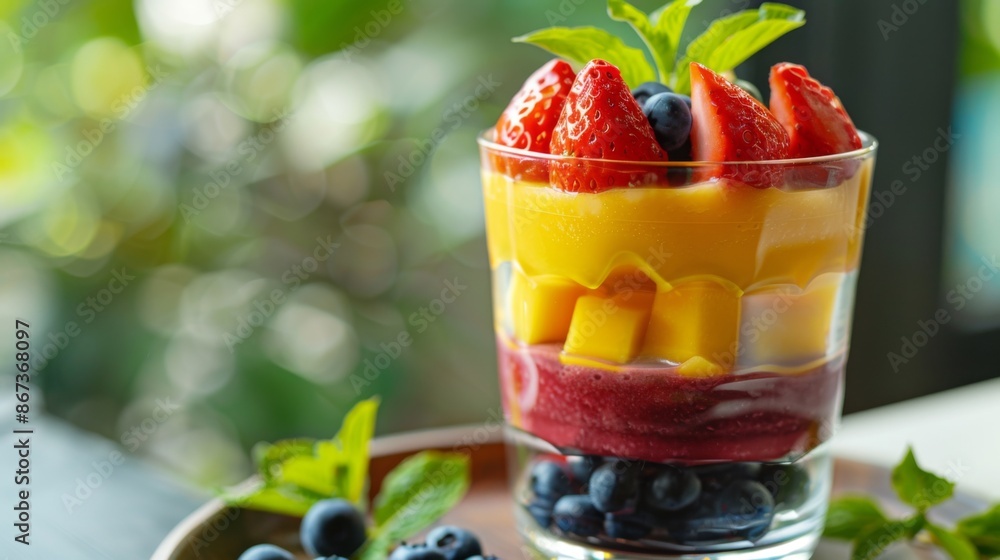 Close-up of a layered fruit smoothie parfait with mango, strawberry, and blueberry layers, served in a clear glass. Close-up of a layered fruit smoothie parfait with mango, strawberry, and blueberry layers, served in a clear glass.