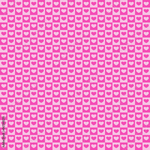 Pink hearts on warped wavy checkerboards seamless pattern. For Valentine backgrounds, wrapping paper and textile.