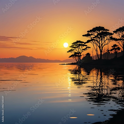cartoon, seascape, sunset over the surface of water, perhaps a sea. The sun was low on the horizon, emitting warm light and reflecting on the surface of the water. Silhouette of land with tar trees © Art-76