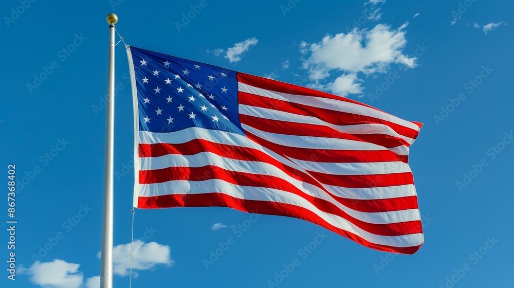 Obraz premium The American flag captured elegantly in the breeze, with a brilliant blue sky highlighting its beauty and importance.