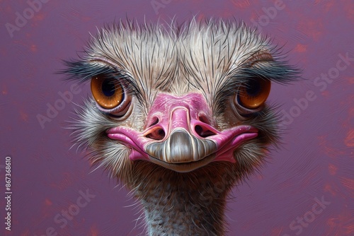 An ostrich on a neutral purple background. Great for unique animal illustrations, creative designs, and whimsical art. photo