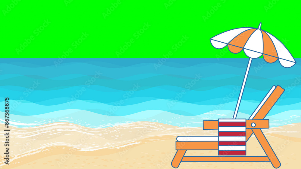 Obraz premium Summer marine background with sandy seahore, transparent water and sea foam & Beach Chair with towel and umbrella vector illustration design on a green screen 