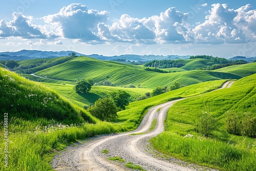 Gorgeous summertime scenery with lush hills and curving trail.