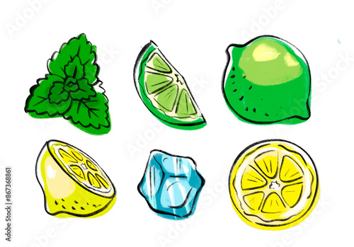 Mint, lime, lemon and ice - set of ingredient colorful icons. Brush painted hand drawn illustration of mojito cocktail components. Printable template for packaging, menu, postcards on transparent.