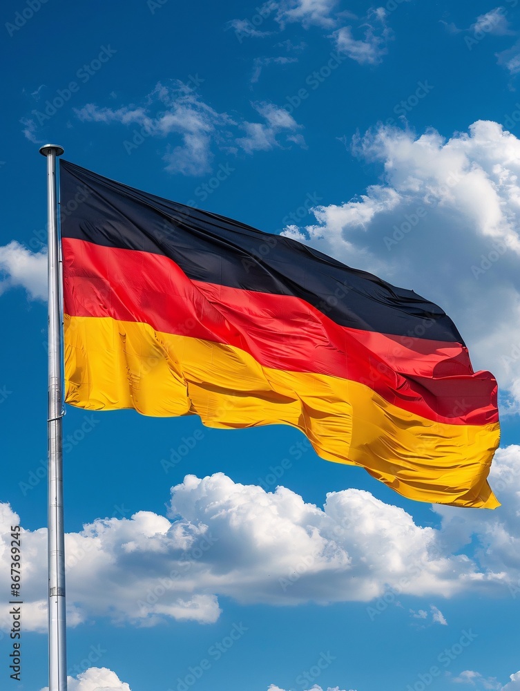 German flag flying on pole against blue sky.