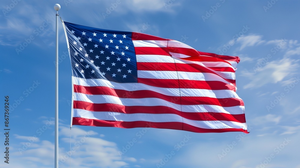 The American flag flying high, its colors vivid and striking, with a flawless blue sky enhancing its beauty and symbolism. The American flag flying high, its colors vivid and striking, with a flawless blue sky enhancing its beauty and symbolism.