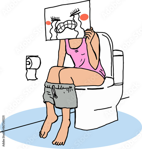 Young woman sitting on the toilet crying Because I couldn't take photos in the bathroom.
