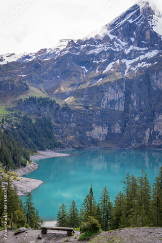 oeschinensee is the place where the tourist came to walk trek hike camp and picnic .there is many beautiful and amazing view point to take photo , kandersteg Switzerland 