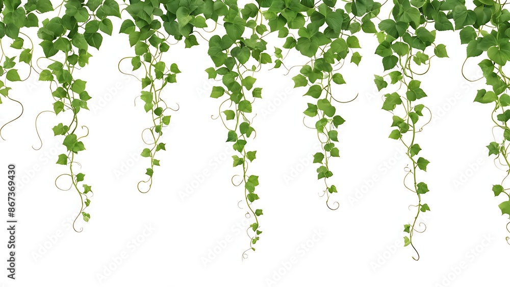 Elegant long vertical green tendrils of vines isolated on a white background. Natural foliage element for design and print Elegant long vertical green tendrils of vines isolated on a white background. Natural foliage element for design and print
