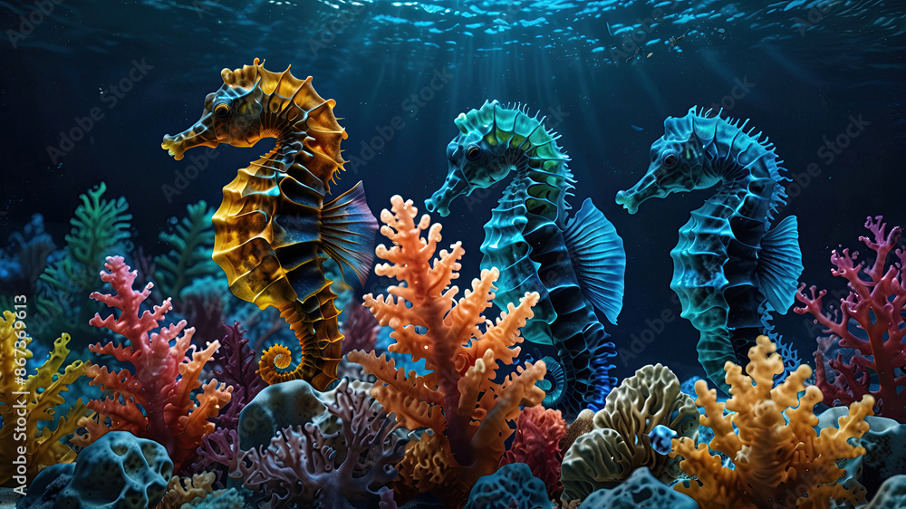 glow vibrant Seahorse swim in the underwater