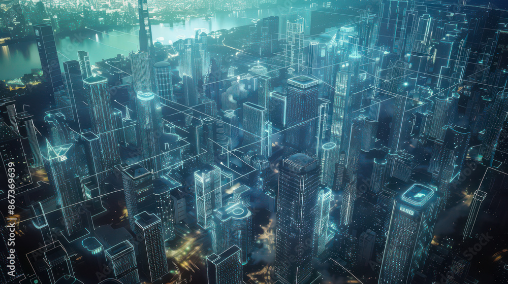 Visualizations of cities of the future where all devices are connected. The illuminated city of the future at night Visualizations of cities of the future where all devices are connected. The illuminated city of the future at night
