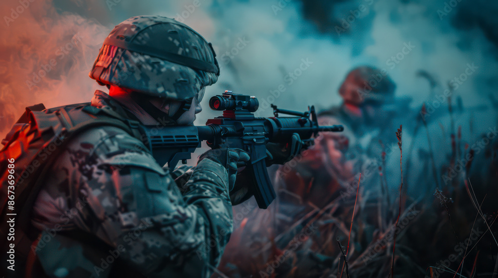 War. People in military costumes and with weapons are fighting for their territory, there is a lot of smoke and fire around War. People in military costumes and with weapons are fighting for their territory, there is a lot of smoke and fire around