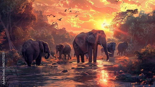 A large elephant walks along the river through the jungle photo