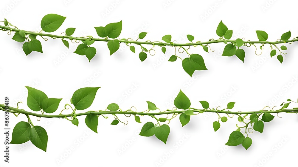 Obraz premium Long horizontal green vine tendrils isolated on a white background. Natural foliage element for design and print