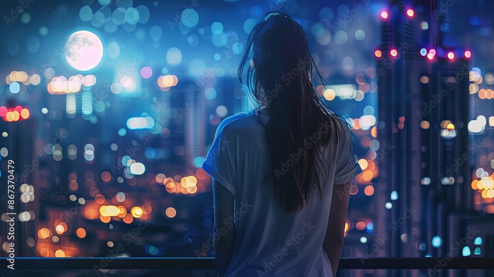 A girl gazes at the night city from above A girl gazes at the night city from above