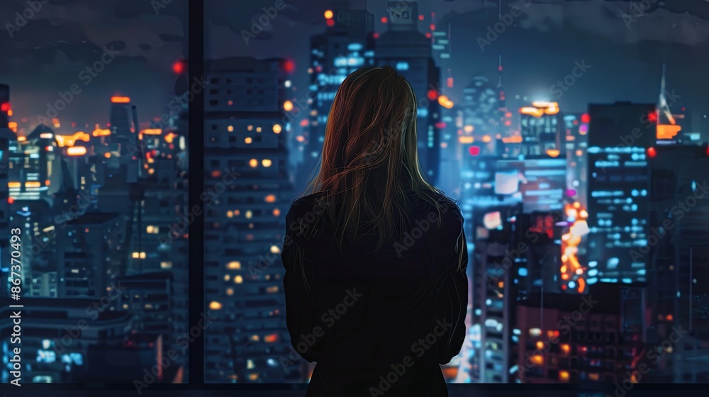 Fototapeta premium A girl gazes at the night city from above