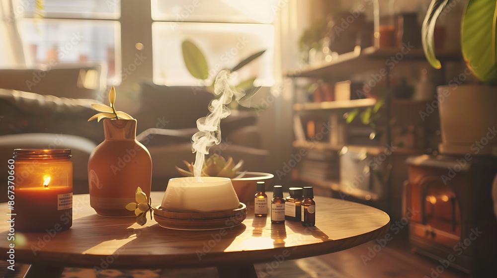 Fototapeta premium Aromatherapy session with essential oils diffusing in a beautifully decorated room, creating a calm and inviting atmosphere