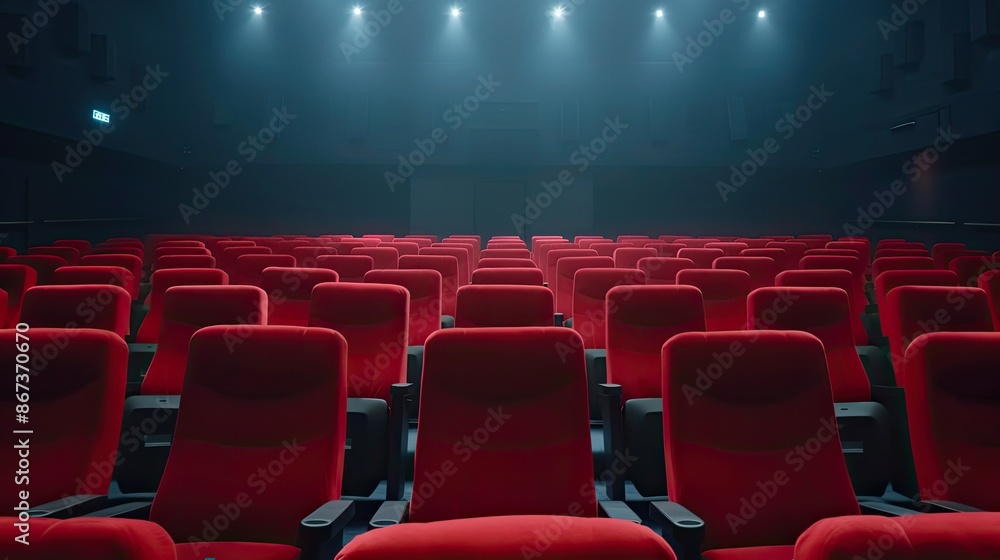 Rows of empty red theater seats in a dimly lit movie theater. Rows of empty red theater seats in a dimly lit movie theater.