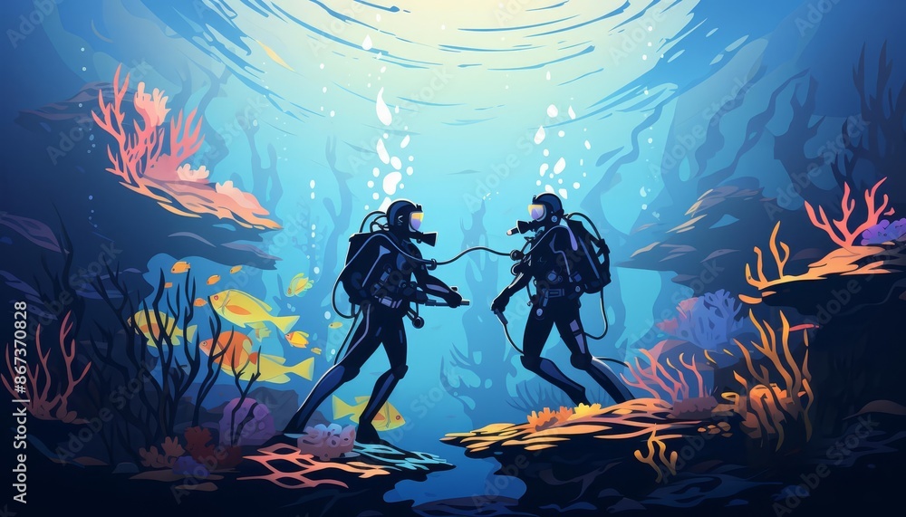 Reef background with scuba divers, flat design, top view, underwater theme, cartoon drawing, colored pastel Reef background with scuba divers, flat design, top view, underwater theme, cartoon drawing, colored pastel