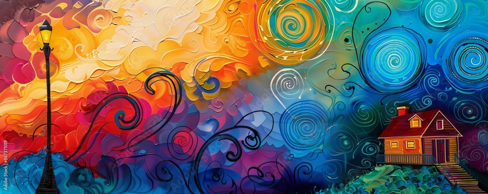 Obraz premium Colorful abstract painting showing a house standing on a hill with a street lamp in the foreground and a vibrant sky with swirls of paint in orange, yellow, blue and green