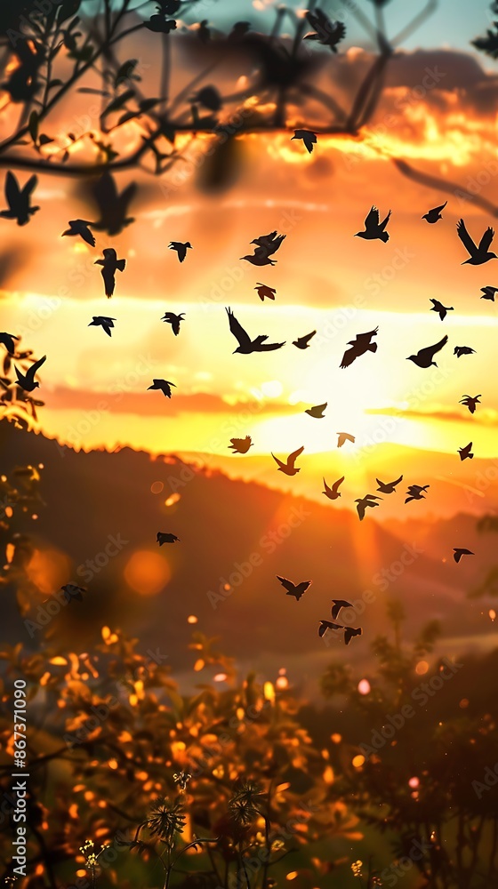 A sunset scene with birds flying freely, creating a picturesque and calming environment in nature A sunset scene with birds flying freely, creating a picturesque and calming environment in nature