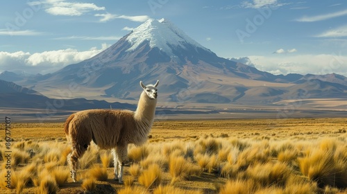 Lone llama in grassy field with snowy mountain