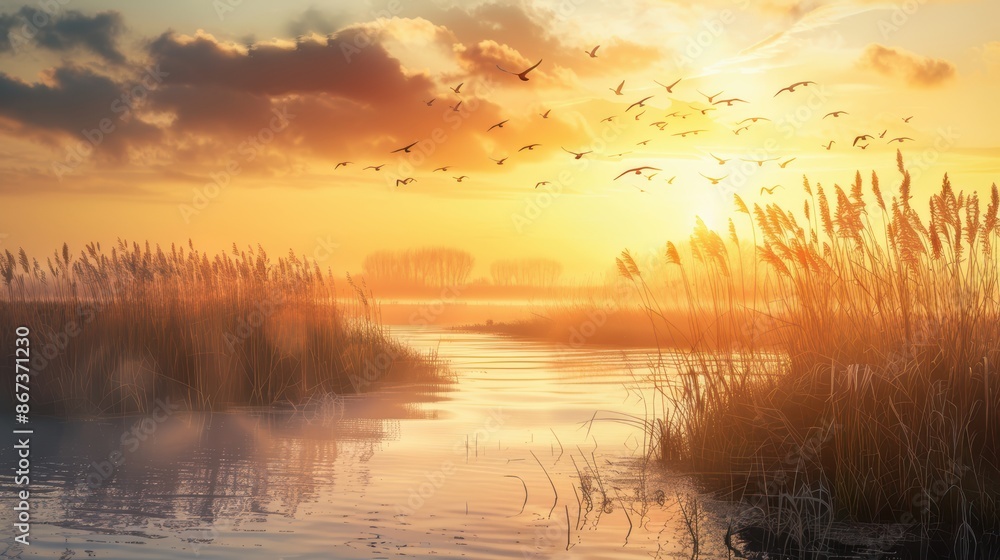 Obraz premium Golden Sunset over Tranquil Marshland