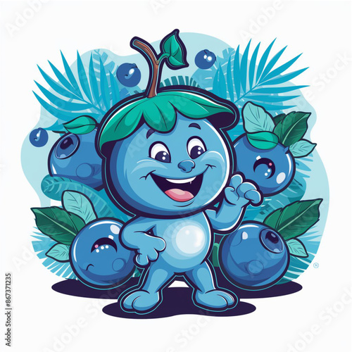 Digital illustration featuring a cheerful anthropomorphic blueberry mascot