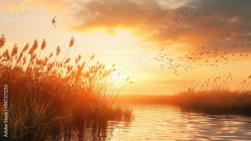 Golden Sunset over Tranquil Marshland photo