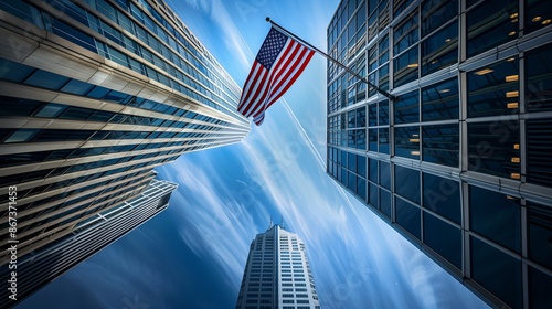 An American flag flying high above a modern cityscape with skyscrapers.