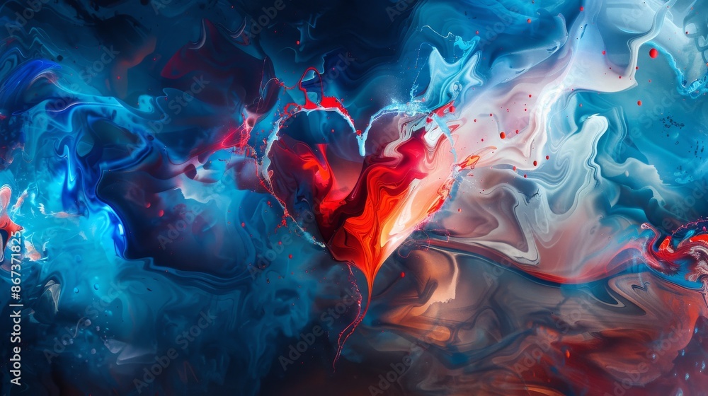 Abstract painting with a red heart shape emerging from blue and white swirls, creating a captivating contrast of colors and movement Abstract painting with a red heart shape emerging from blue and white swirls, creating a captivating contrast of colors and movement
