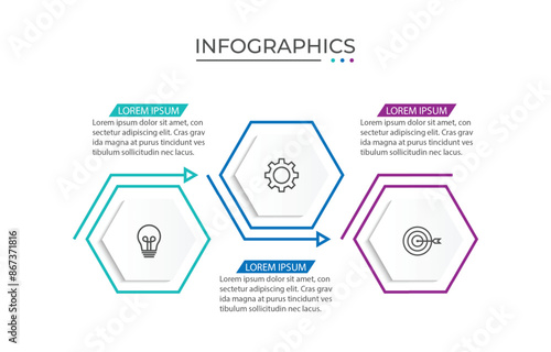 Business infographic design with 3 options. Vector thin line label with hexagons template.