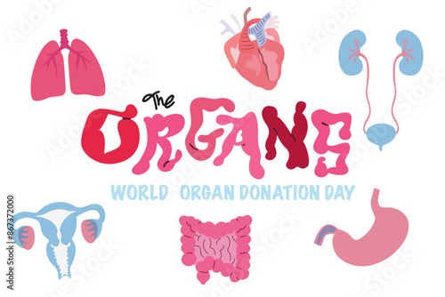 World Organ Donation Day social media post template. Organ donation day illustration. Saving Lives and Health Care. Flat vector organs and silhouette of a doctor surgeon in a medical cap and mask