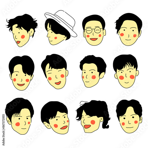 collection of male hairstyles. The boy's facial emotions are isolated in the background. Vector Illustration