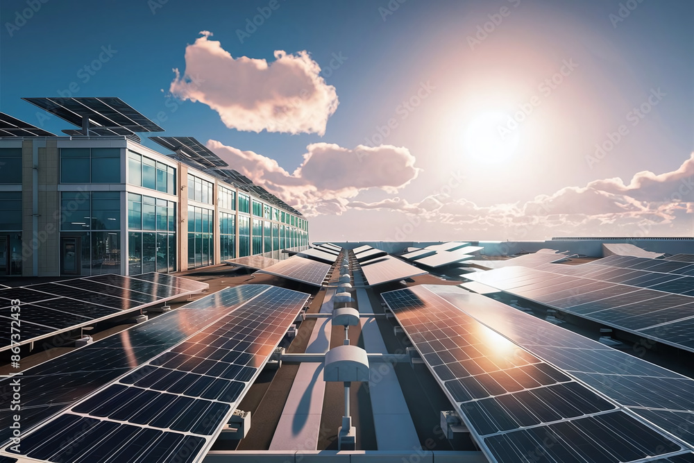 Fototapeta premium Aerial view of commercial buildings with solar panels on rooftops, basking in sunshine and surrounded by lush greenery, showcasing a sustainable green energy concept. 