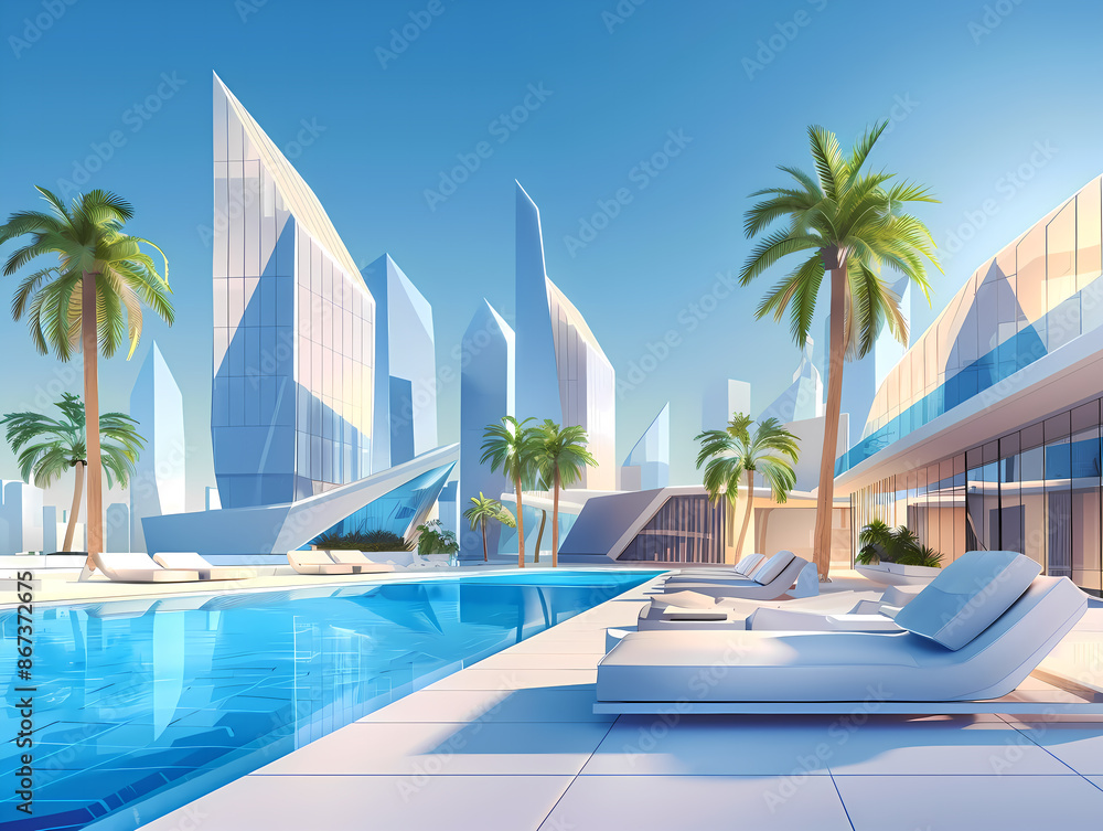 Fototapeta premium Illustration of a Modern City Luxury Hotel Pool