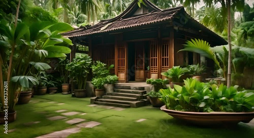 Traditional house with green plants