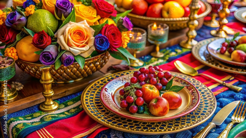 Fototapeta premium Vibrant multi-colored hand-painted Spanish-inspired table setting with golden accents, ornate plate, napkin, roses, and exotic fruit arrangement on elegant plate.