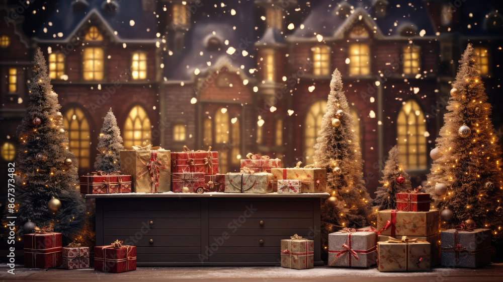 Christmas gift or present box with ornament, baubles and christmas tree with lights on wooden table against illuminated Christmas town square. Xmas village, generative ai Christmas gift or present box with ornament, baubles and christmas tree with lights on wooden table against illuminated Christmas town square. Xmas village, generative ai