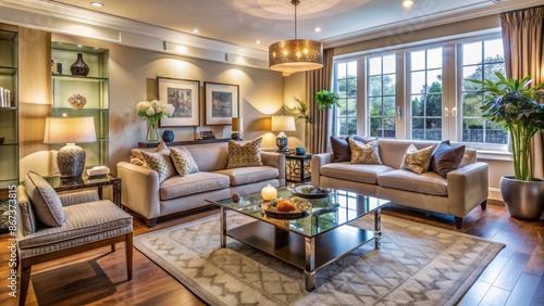 Wallpaper Mural Beautifully decorated living room with stylish furniture and accessories, elegantly staged for real estate showcase, warm lighting. Torontodigital.ca