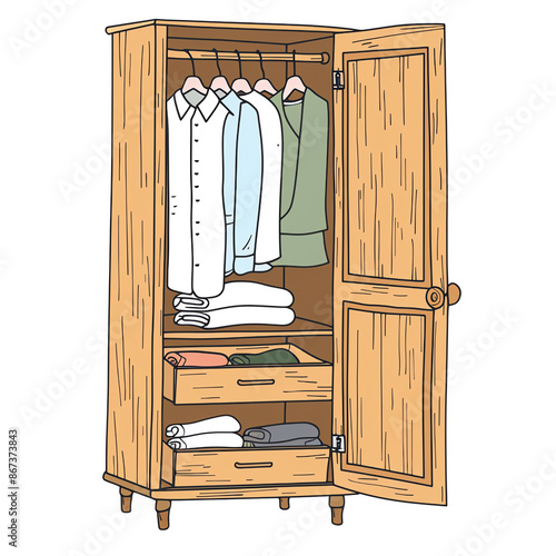 Illustration of an open wooden closet with shirts hanging and folded clothes in drawers.