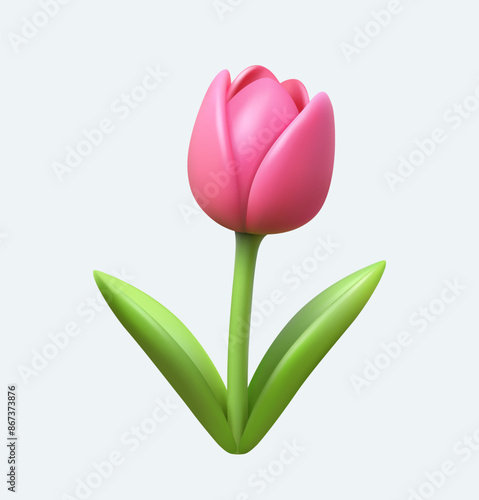 Pink tulip in plasticine cartoon style. Spring decoration. Realistic vector illustration