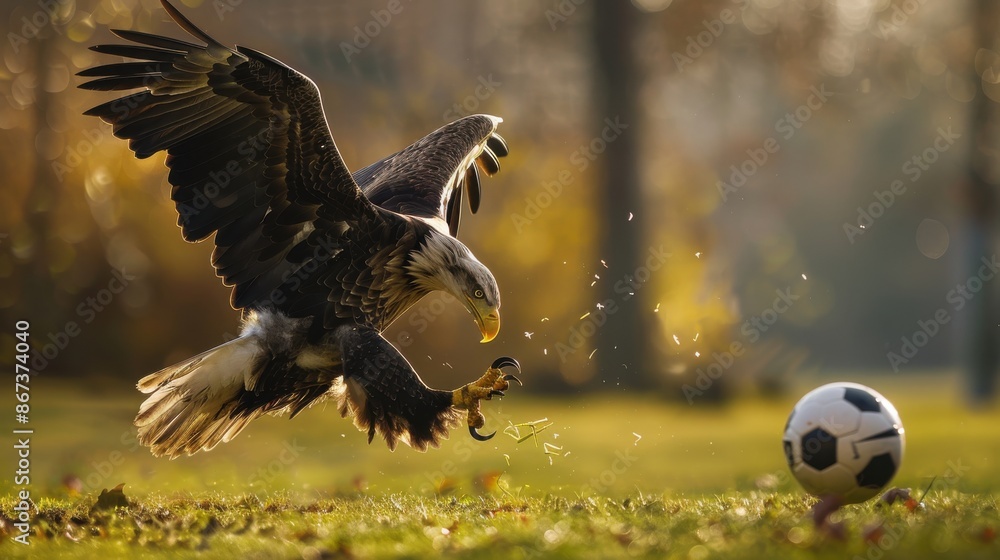 Fototapeta premium A White-tailed eagle playing soccer on the grass, action shot, football ball