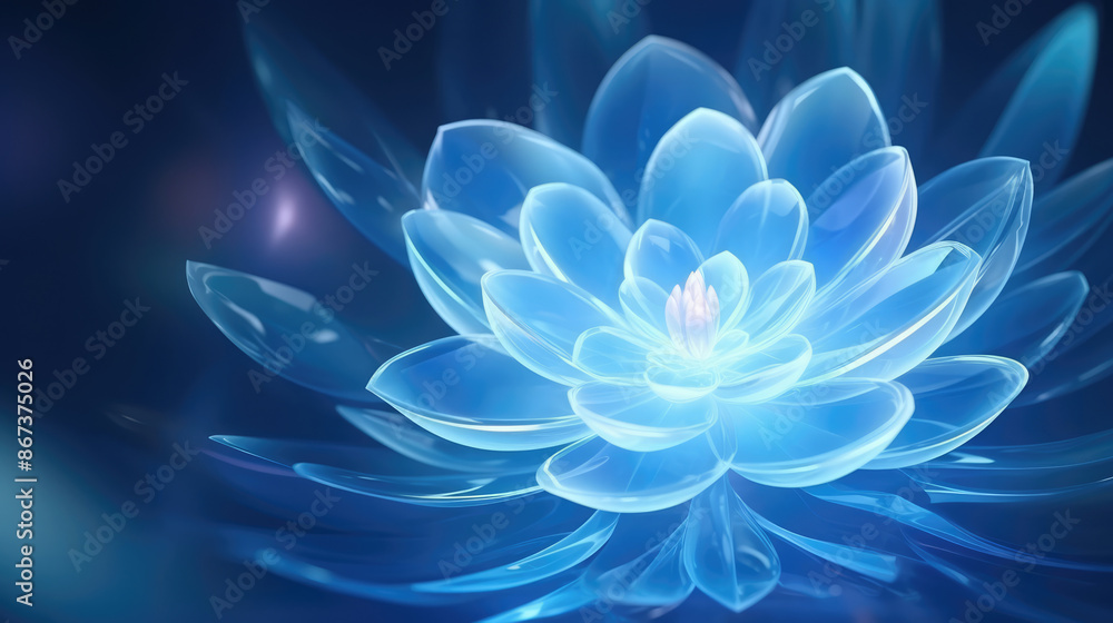 Obraz premium Beautiful lotus made of ice on a glowing dark blue background. Luxury background. Close-up of an icy water lily flower. Image for wedding invitations, packages, and Christmas cards. generative ai