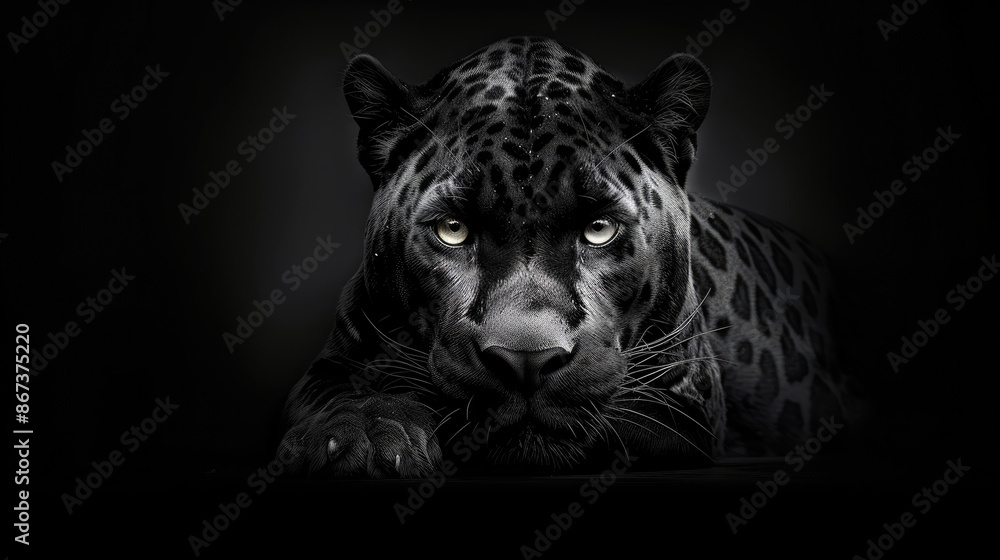 Fototapeta Panther in rest. Black and white portrait of leopard on black background. Predator series. Danger concept. digital art, generative ai