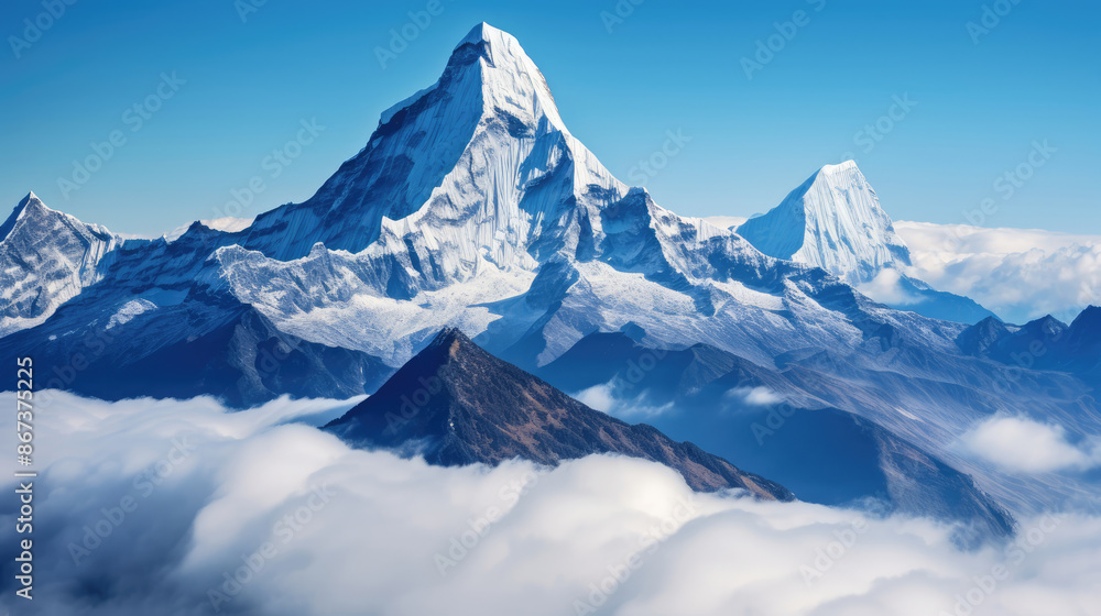 Himalayan mountain top above the clouds. Mountains seem so close, offering epic views of the legendary peaks of Dhaulagiri and Machapuchare., generative ai Himalayan mountain top above the clouds. Mountains seem so close, offering epic views of the legendary peaks of Dhaulagiri and Machapuchare., generative ai