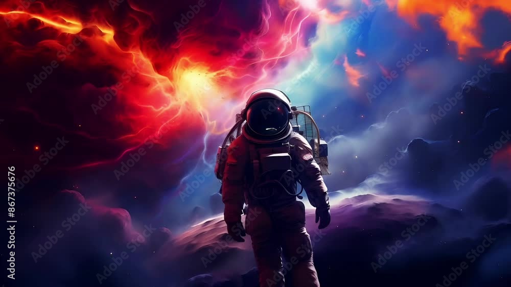 An astronaut man floats in space with a dramatic backdrop of swirling red purple and blue nebulae motion background An astronaut man floats in space with a dramatic backdrop of swirling red purple and blue nebulae motion background