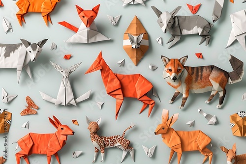 A pattern of digital origami animals, folded from virtual paper of various textures photo