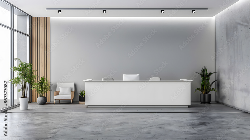 Fototapeta premium Une réception moderne et minimaliste avec un comptoir blanc, des plantes en pot et une grande fenêtre.